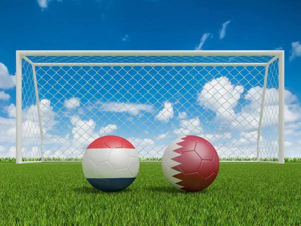 Footballs Flags Colors Soccer Field Netherlands Qatar World Cup Football — Stock Photo, Image