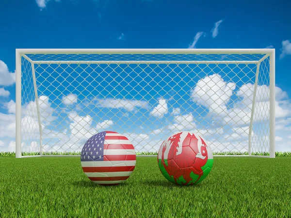Fußbälle Den Flaggenfarben Auf Dem Fußballplatz Usa Mit Wales Fußball — Stockfoto