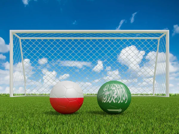 足球场上的彩旗足球 波兰与沙特阿拉伯 3D渲染 — 图库照片