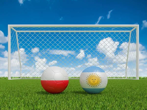 Fußbälle Den Flaggenfarben Auf Dem Fußballplatz Polen Mit Argentinien Darstellung — Stockfoto