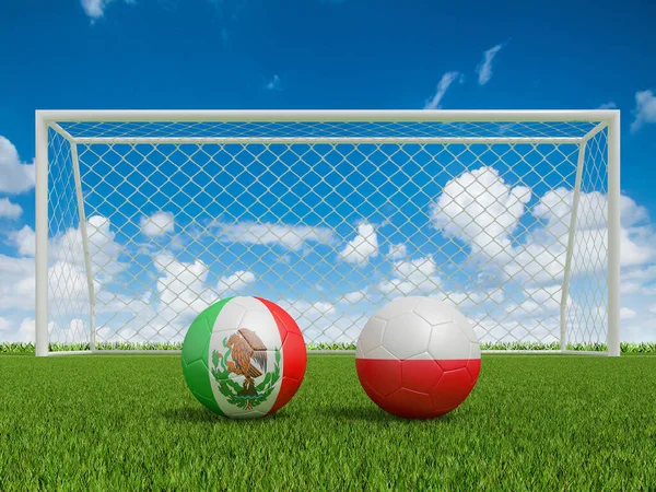 足球场上的彩旗足球 墨西哥和波兰 3D渲染 — 图库照片