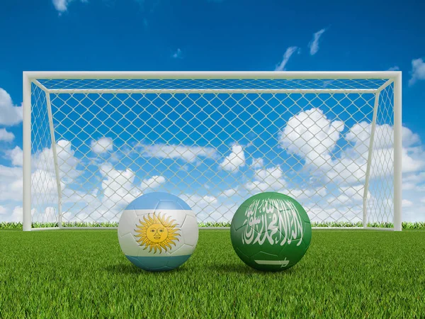 Fußbälle Den Flaggenfarben Auf Dem Fußballplatz Argentinien Mit Saudi Arabien — Stockfoto