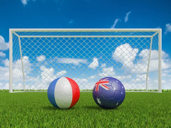 足球场上的彩旗足球 法国和澳大利亚 3D渲染 — 图库照片