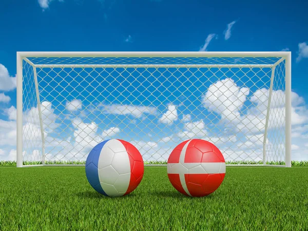 足球场上的彩旗足球 法国与丹麦 3D渲染 — 图库照片