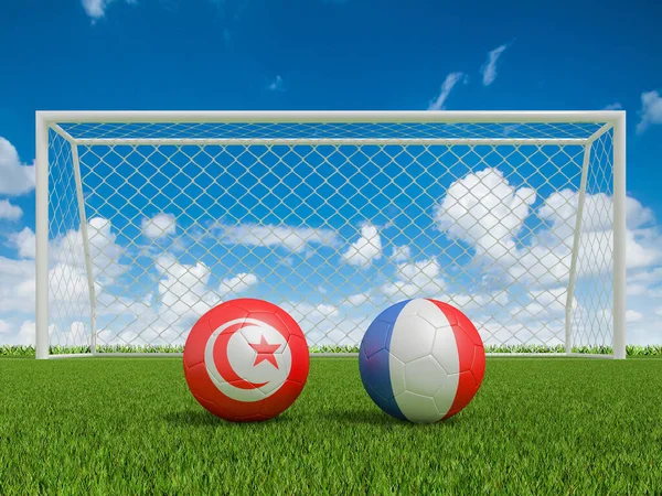 Футбольные Мячи Цветах Флагов Футбольном Поле Тунис Францией Рендеринг — стоковое фото