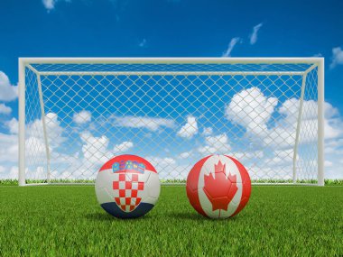 Futbol sahasında bayraklı futbol topları. Hırvatistan ve Kanada. 3d oluşturma