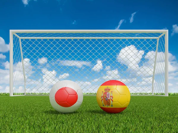 足球场上的彩旗足球 日本与西班牙 3D渲染 — 图库照片