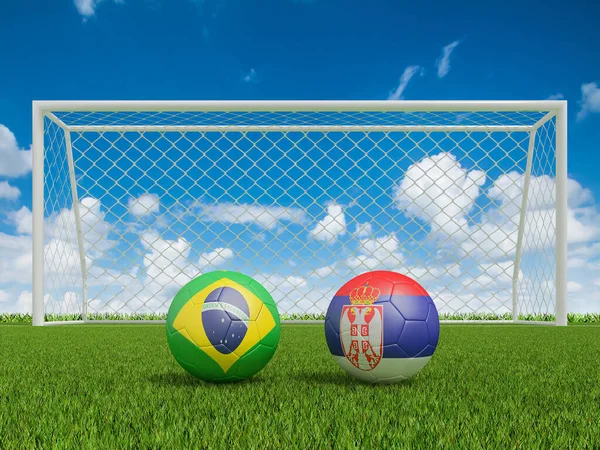 Palloni Calcio Bandiere Colori Sul Campo Calcio Brasile Con Serbia — Foto Stock