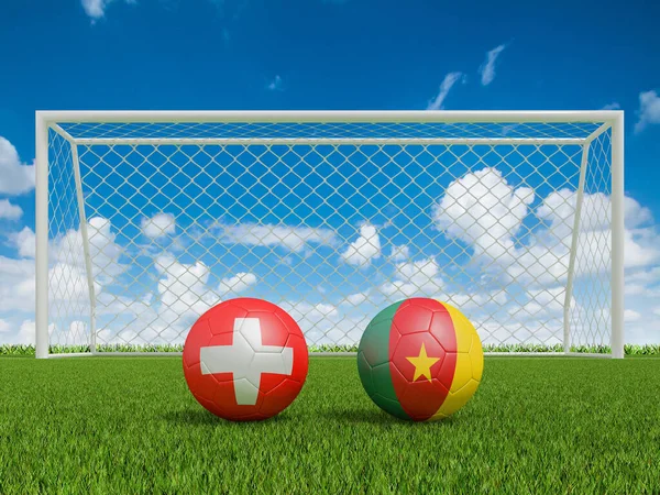 Fußbälle Den Flaggenfarben Auf Dem Fußballplatz Die Schweiz Mit Kamerun — Stockfoto