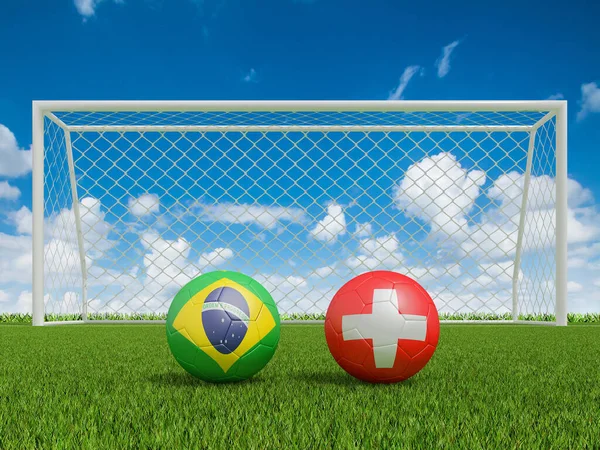 Palloni Calcio Bandiere Colori Sul Campo Calcio Brasile Con Svizzera — Foto Stock