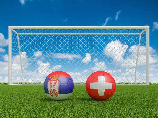 Footballs Flags Colors Soccer Field Serbia Switzerland Rendering — Stock Photo, Image