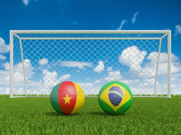 Palloni Calcio Bandiere Colori Sul Campo Calcio Camerun Con Brasile — Foto Stock