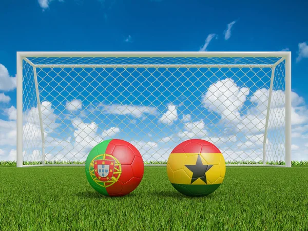 Футбольные Мячи Цветах Флагов Футбольном Поле Португалия Ганой Рендеринг — стоковое фото