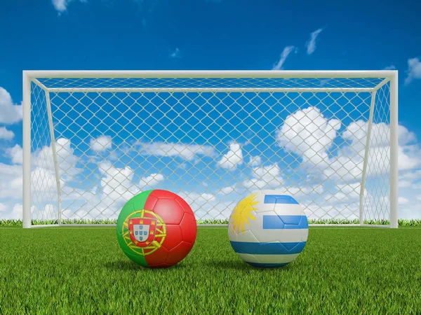 Footballs Flags Colors Soccer Field Portugal Uruguay Rendering — Stock Photo, Image