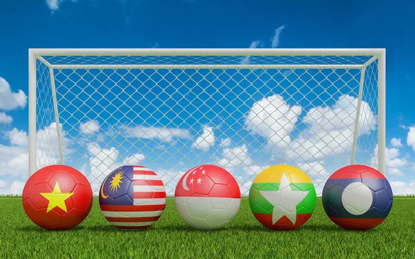 Footballs Flags Colors Football Field Rendering Group — Stock Photo, Image