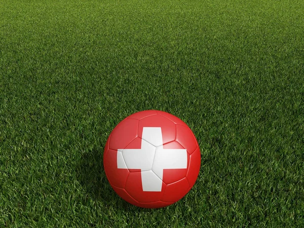 瑞士足球的旗帜挂在绿草上 3D渲染 — 图库照片