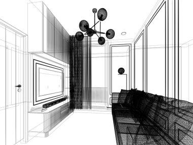 sketch design of interior living, 3d rendering