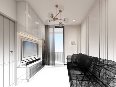 sketch design of interior living, 3d rendering