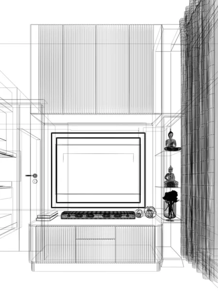 Sketch Design Interior Living Rendering — Φωτογραφία Αρχείου