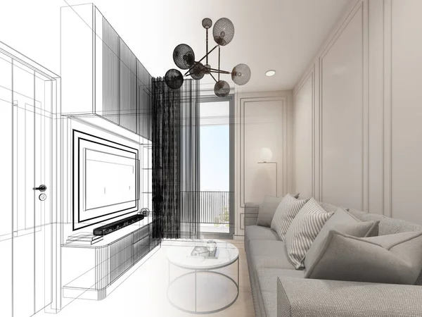 Sketch Design Interior Living Rendering — Stockfoto