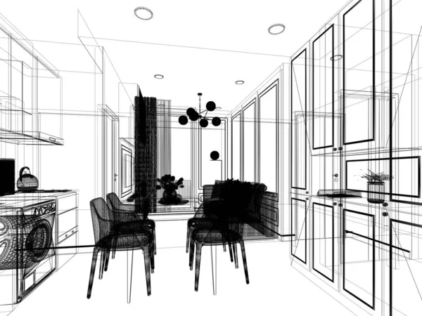 室内リビングルームのスケッチデザイン3Dレンダリング — ストック写真