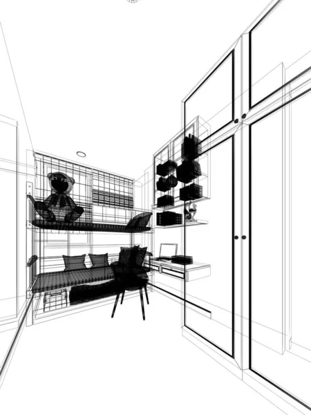 Sketch Design Interior Kid Bedroom Rendering — Stock Photo, Image