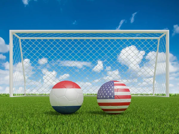 足球场上的彩旗足球 荷兰与美国 3D渲染 — 图库照片