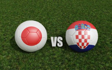 Futbol sahasında bayraklı futbol topları. Japonya ve Hırvatistan. 3d oluşturma 