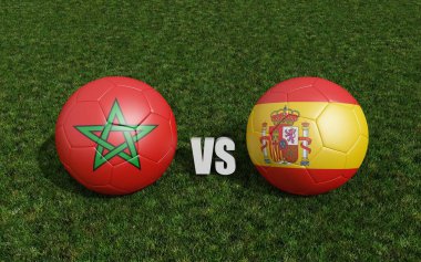 Futbol sahasında bayraklı futbol topları. İspanya ile Fas. 3d oluşturma