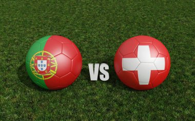Futbol sahasında bayraklı futbol topları. İsviçre ile Portekiz. 3d oluşturma
