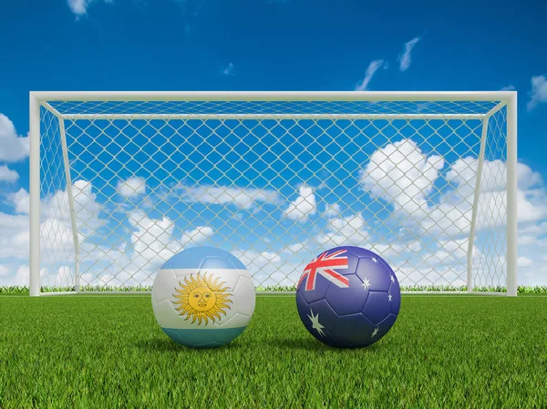 Fußbälle Den Flaggenfarben Auf Dem Fußballfeld Argentinien Mit Australien Darstellung — Stockfoto