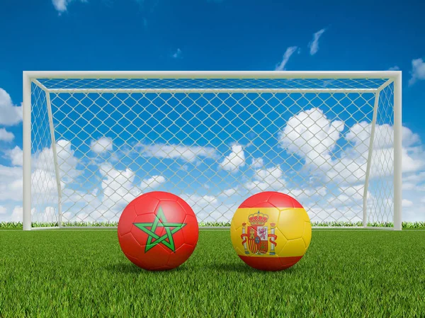 Футбольные Мячи Цветах Флагов Футбольном Поле Марокко Испанией Рендеринг — стоковое фото