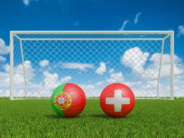 Footballs Flags Colors Soccer Field Portugal Switzerland Rendering — Stock Photo, Image