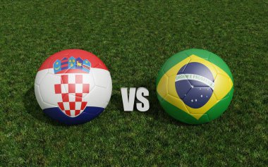 Futbol sahasında bayraklı futbol topları. Brezilya ile Hırvatistan. 3d oluşturma