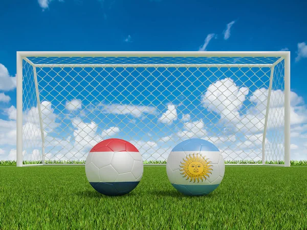 Voetballen Vlaggen Kleuren Voetbalveld Nederland Met Argentinië Destructie — Stockfoto