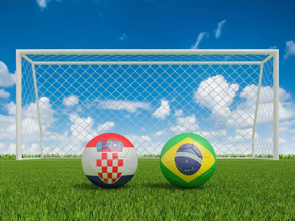 Footballs Flags Colors Soccer Field Croatia Brazil Rendering — Stock Photo, Image