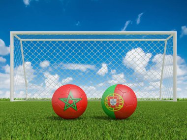 Futbol sahasında bayraklı futbol topları Portekiz ile Fas 'ta. 3d oluşturma