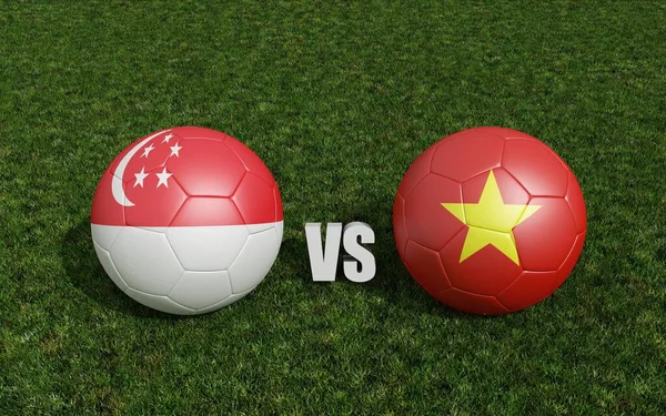 Futbol sahasında bayraklı futbol topları. Vietnam 'la Singapur. 3d oluşturma