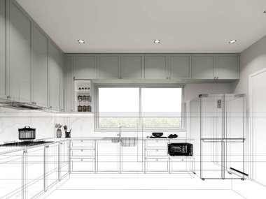 Mutfak odasının soyut tasarımı, 3D görüntüleme 