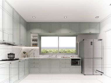 Mutfak odasının soyut tasarımı, 3D görüntüleme 