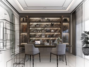 içerideki çalışma odasının tasarımı, 3D görüntüleme