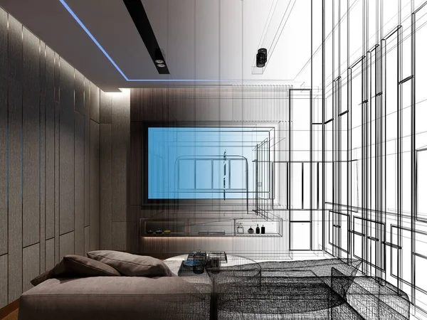 sketch design of interior home theater, 3d rendering