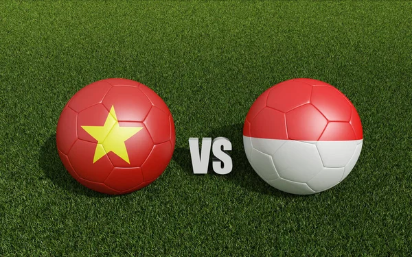 Footballs in flags colors on soccer field. Vietnam with Indonesia. 3d rendering