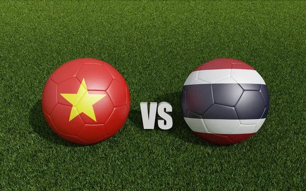 Footballs in flags colors on soccer field. Vietnam with Thailand. 3d rendering