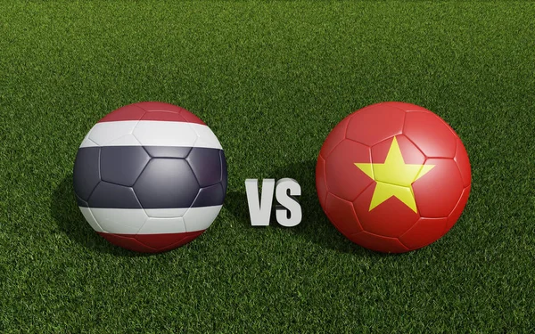 Footballs in flags colors on soccer field. Thailand with Vietnam. 3d rendering