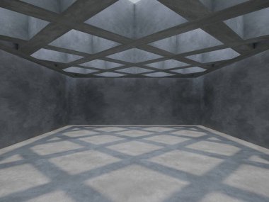 Güneş ışığı ve gölgesi olan boş beton iç mekan, 3D görüntüleme