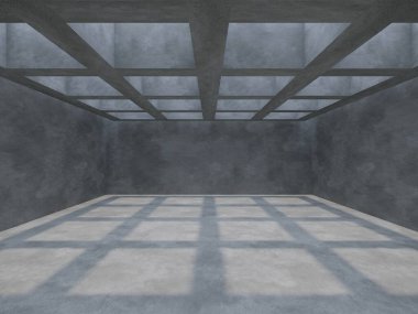 Güneş ışığı ve gölgesi olan boş beton iç mekan, 3D görüntüleme
