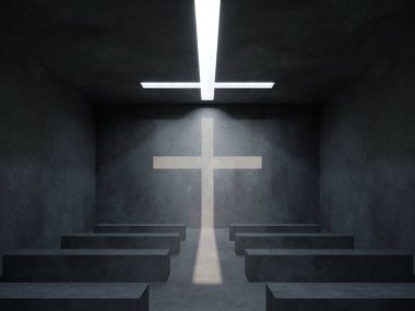 Karanlık odada Hristiyan ışığı çakışıyor. 