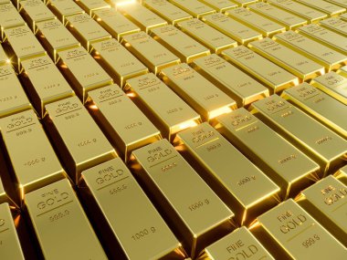 Birçok Altın külçesi veya Ingot, finansal konseptin 3D yorumlanması