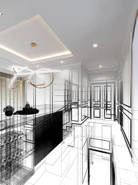 Sketch Design Interior Stair Hall Rendering — Stockfoto